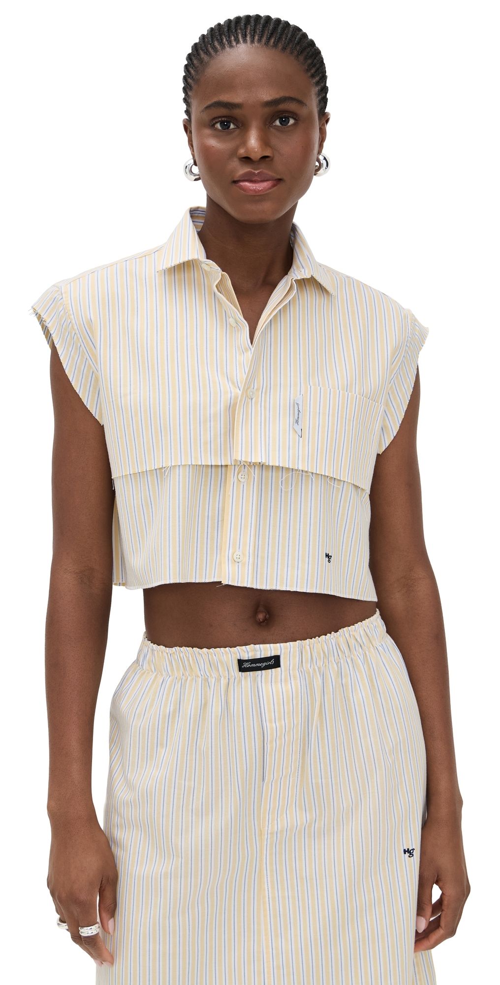 HOMMEGIRLS Sleeveless Layered Cropped Shirt Yellow Stripe Oxford S