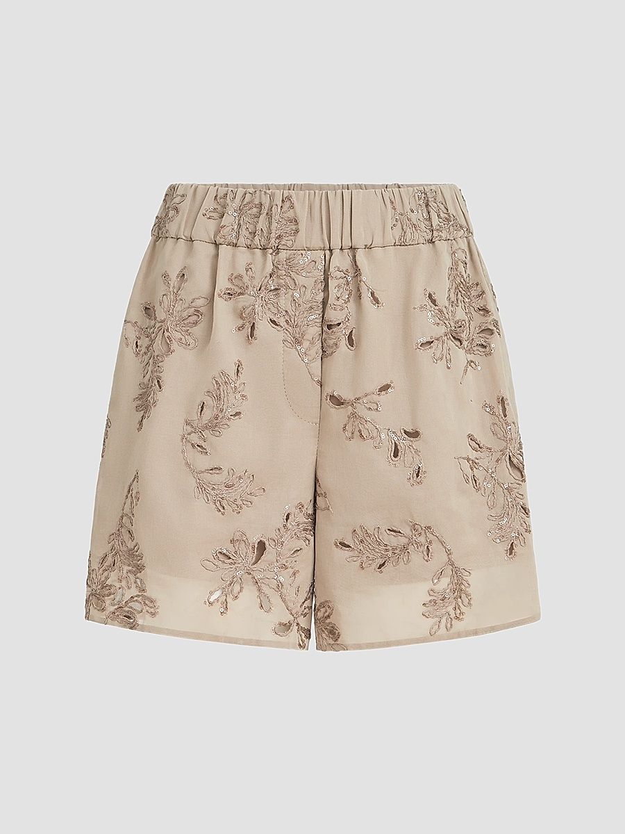 Women's Cotton Organza Shorts with Dazzling Broderie Anglaise - Espresso - Size 12