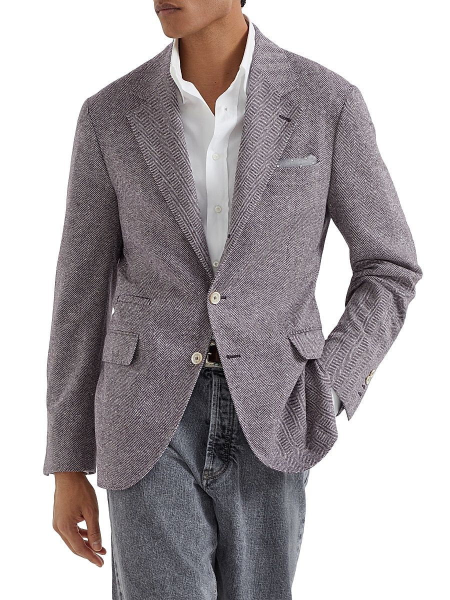 Men's Wool and Cashmere Flecked Chevron Deconstructed Blazer - Burgundy - Size 46