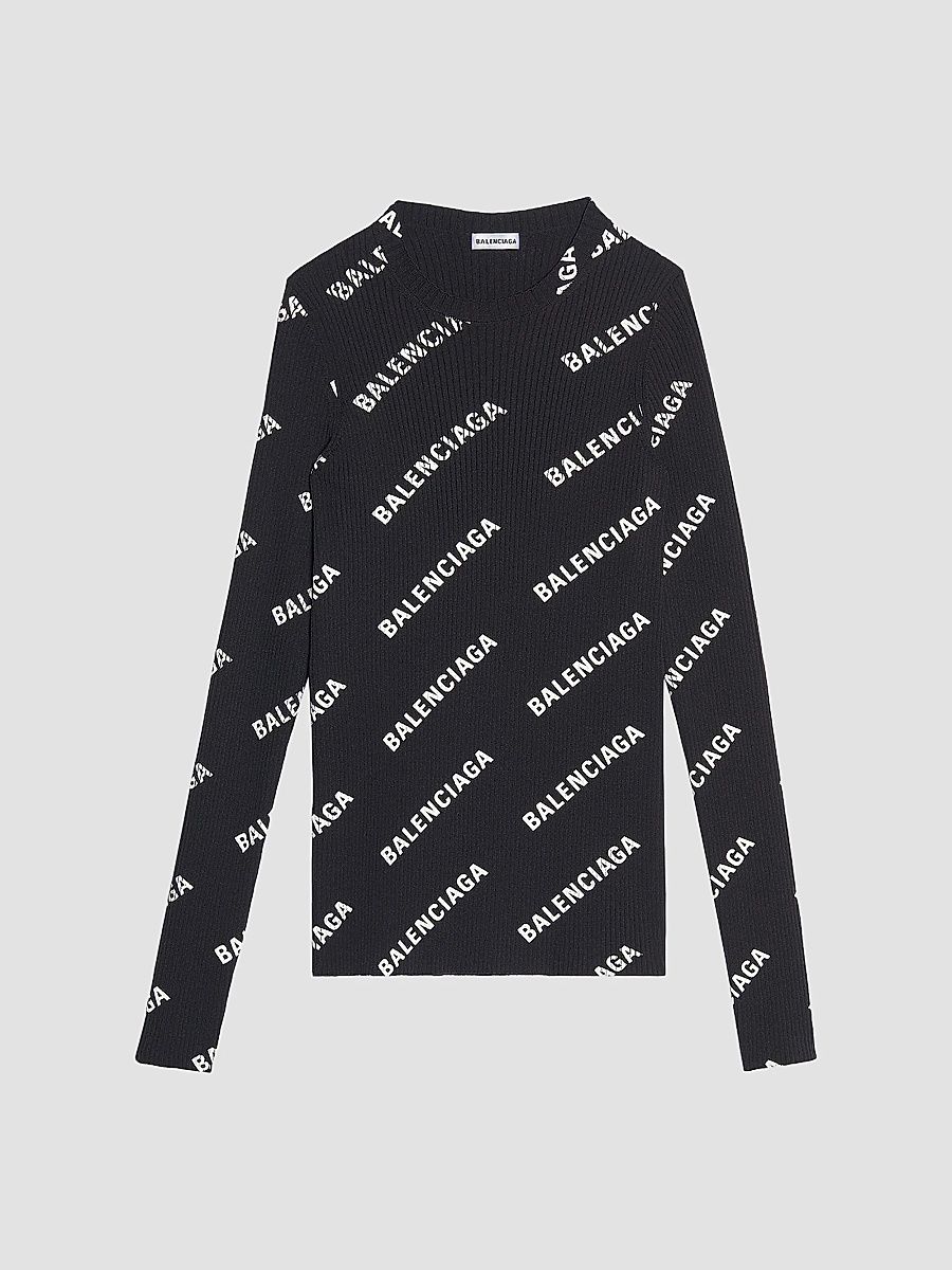 Balenciaga Women's Allover Logo Crewneck Sweater - Black White - Size Medium