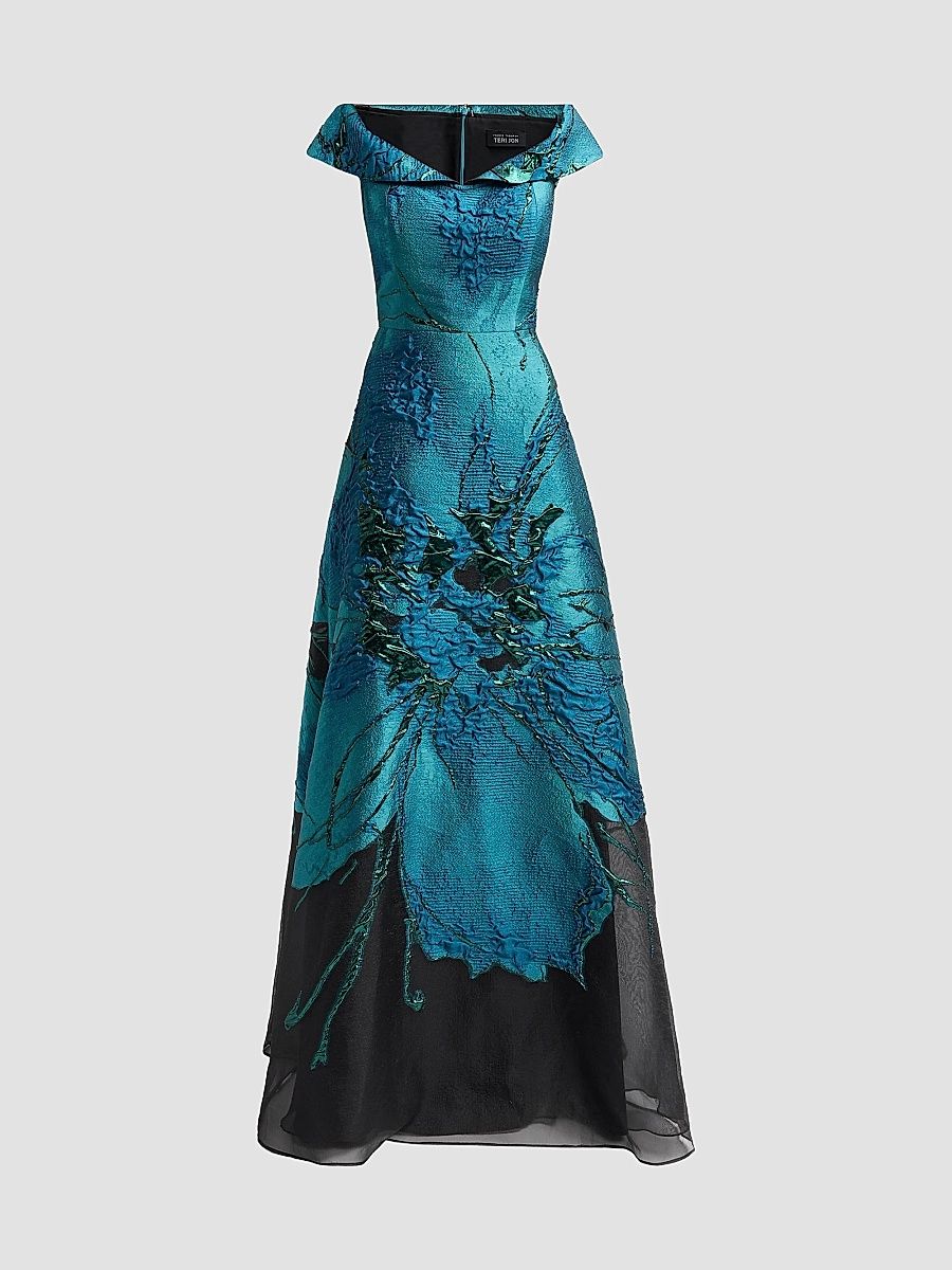 Women's Floral Jacquard Organza A-Line Gown - Peacock Black - Size 18