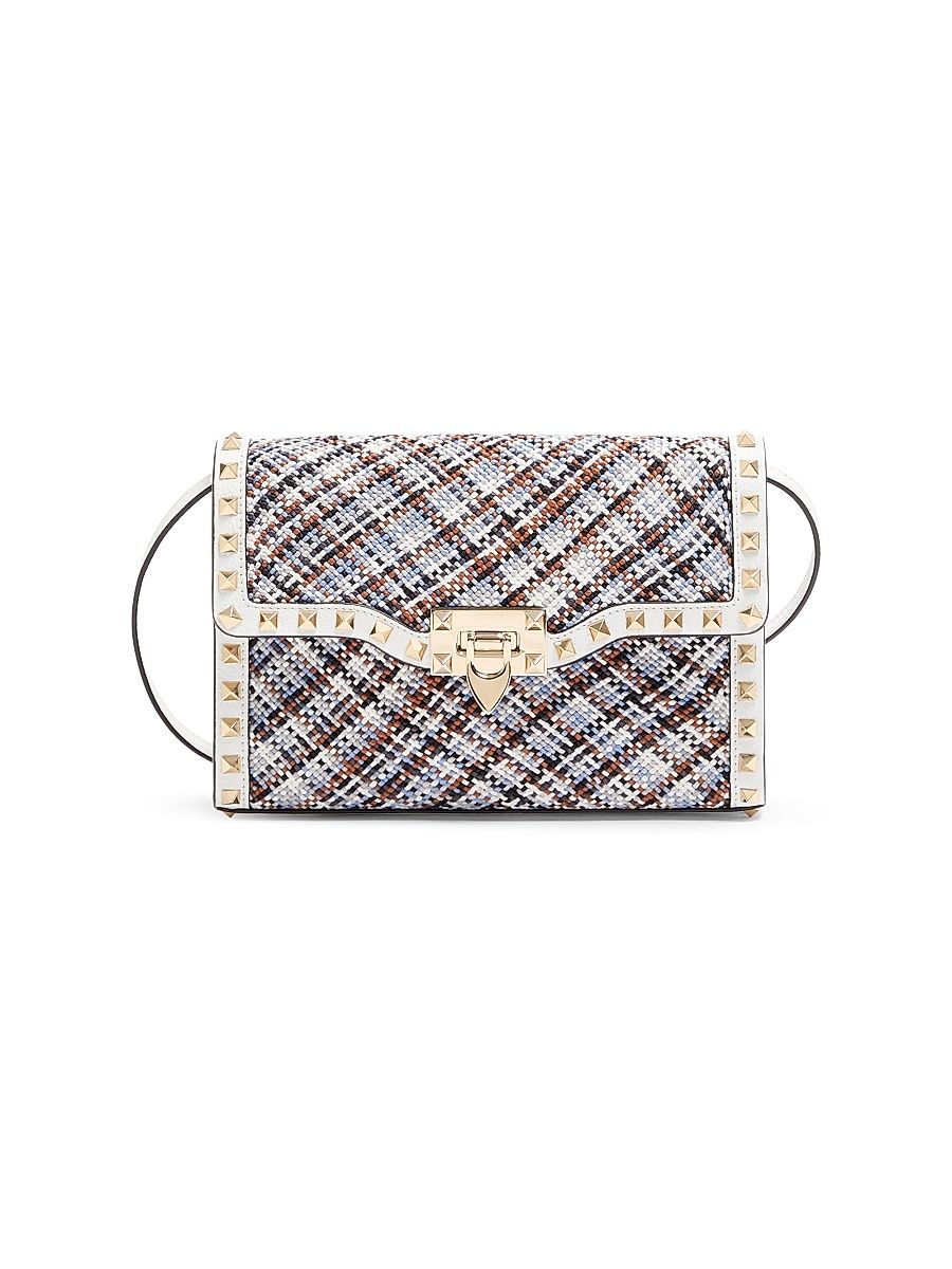 Women's Rockstud Small Crossbody Bag in Woven Fabric - White Multicolor
