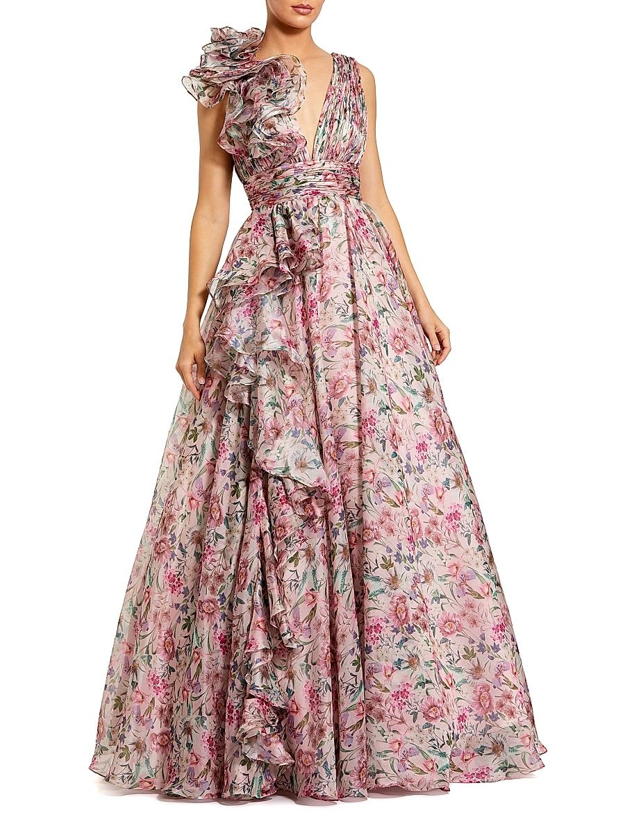 Women's Floral Chiffon Ruffled V-Neck Gown - Pink Multi - Size 16