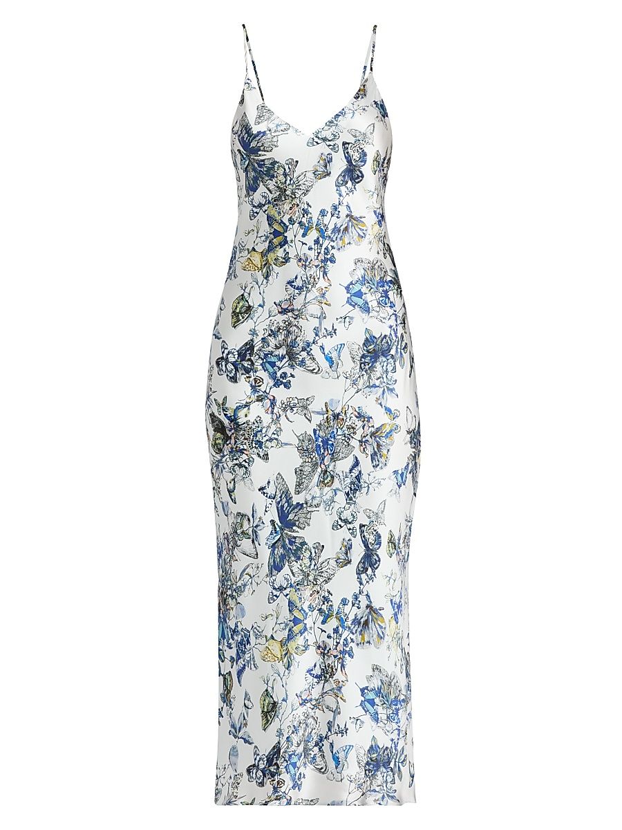 Women's Seridie Printed Silk Midi-Slipdress - Grey Watercolor Butterfly - Size 14