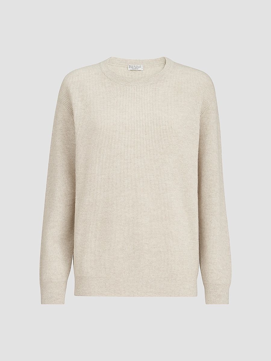 Brunello Cucinelli Women's Cashmere English Rib Sweater with Monili - Oat - Size XXXL
