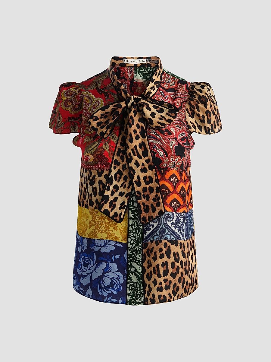 Women's Jeannie Printed Silk Pussy-Bow Shirt - Off The Grid - Size XL