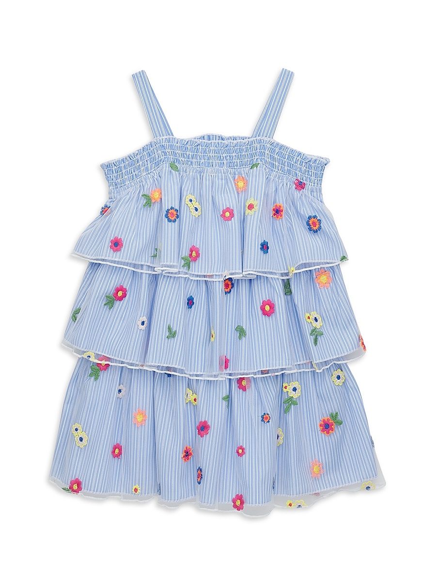 Little Girl's & Girl's Striped Floral Embroidered Tiered Dress - Blue Multi - Size 10