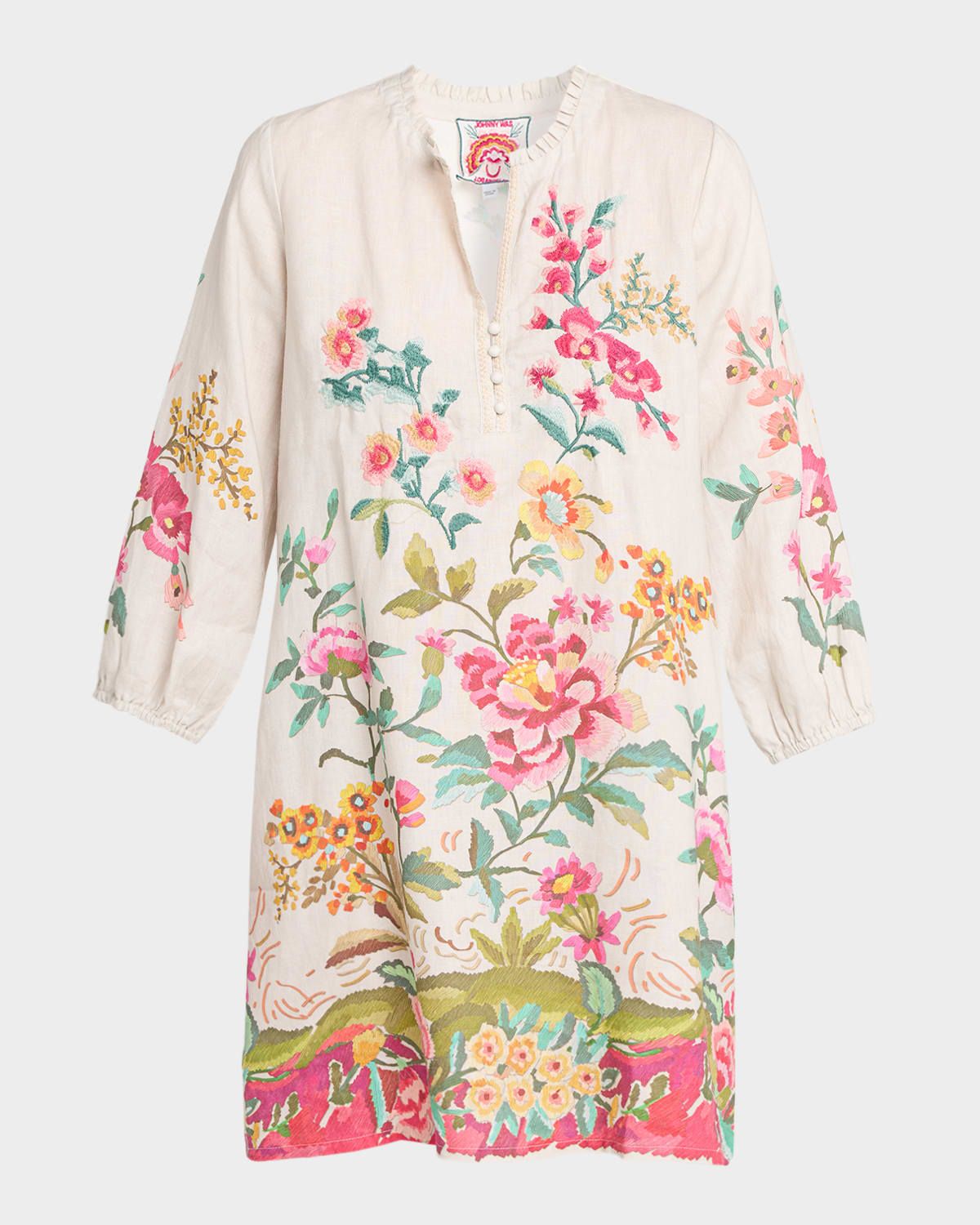 Floral-Embroidered Linen Mini Shift Dress