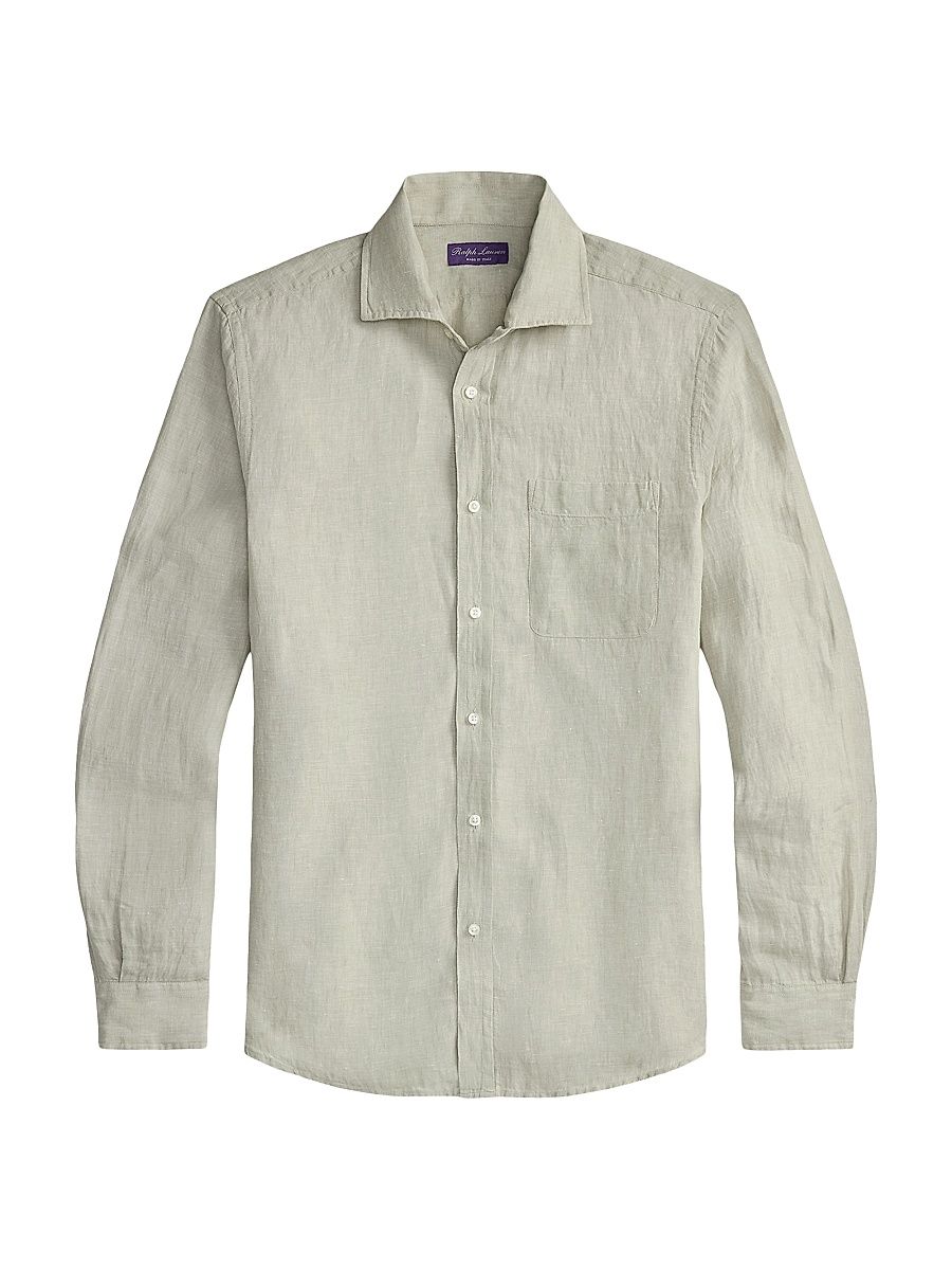 Men's Lightweight Chambray Linen Long-Sleeve Sport Shirt - Cactus Green - Size Medium