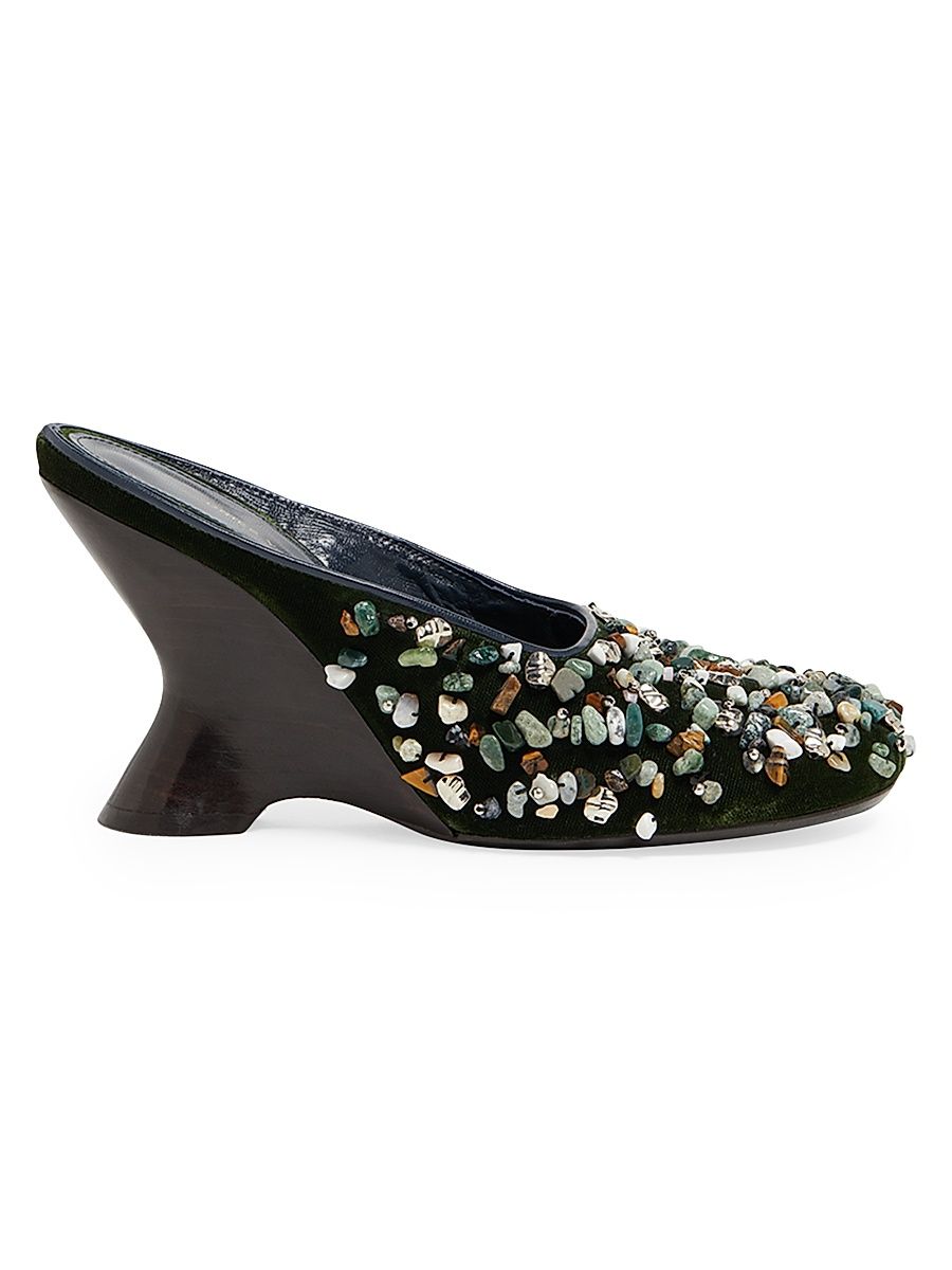 Women's 90MM Stone-Embellished Velvet Mules - Olive - Size 7