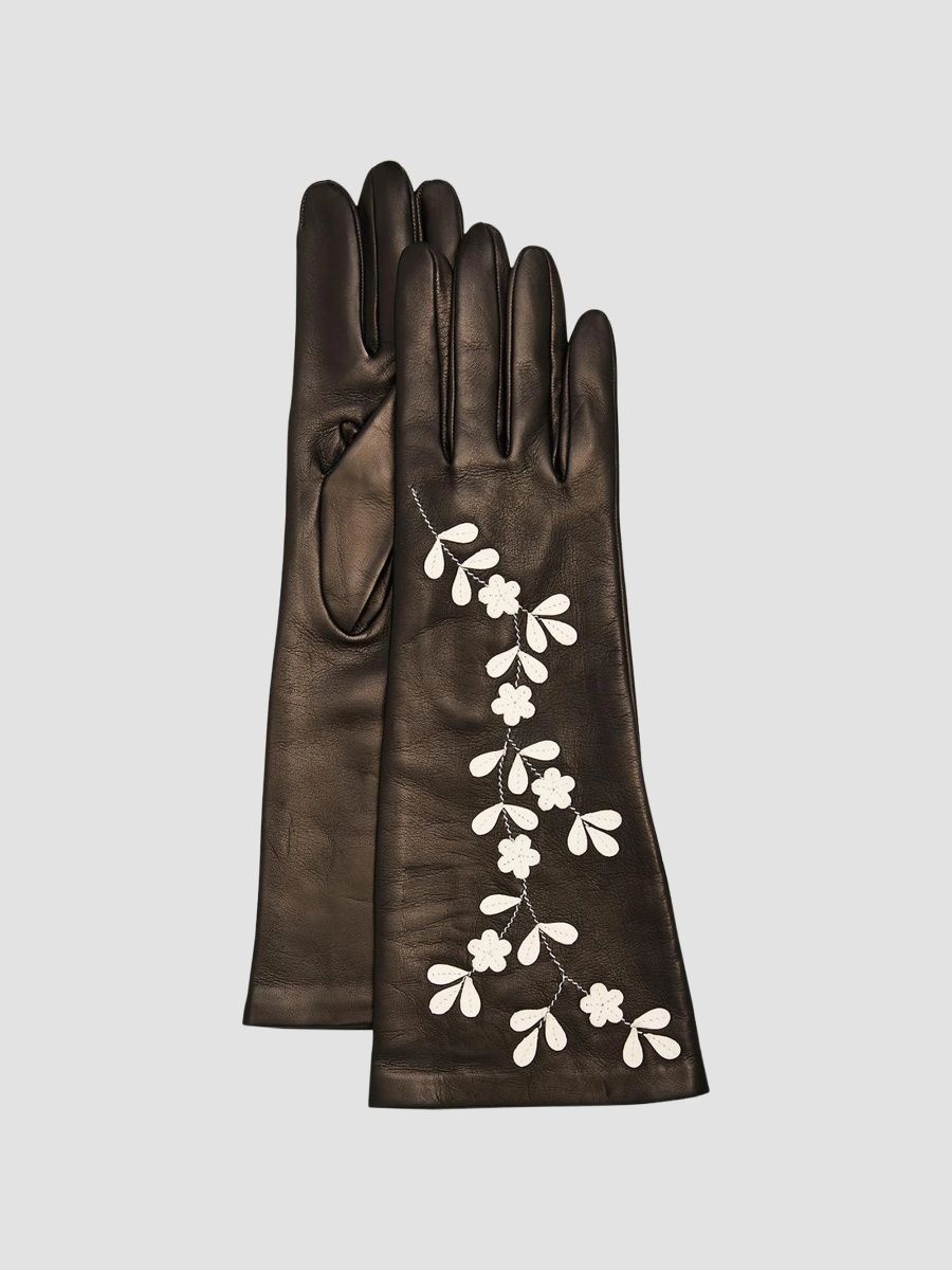 Women's Floral Leather Gloves - Black White - Size 8