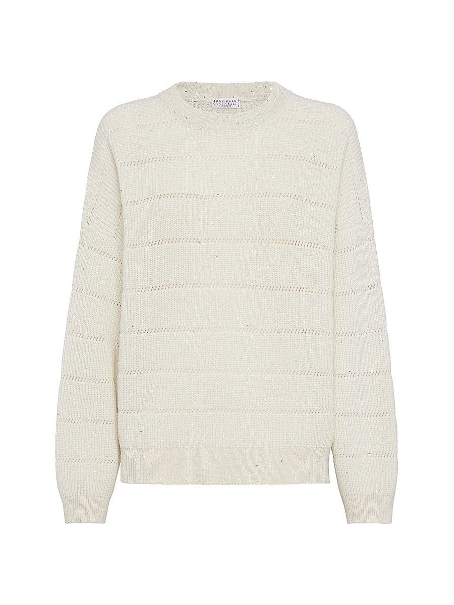 Women's Dazzling Cashmere and Wool Ribbed Sweater with Openwork Stripe - Butter - Size XXXL