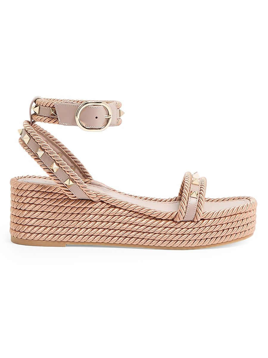 Women's Rockstud 45MM Flatform Sandals in Calfskin - Poudre - Size 5