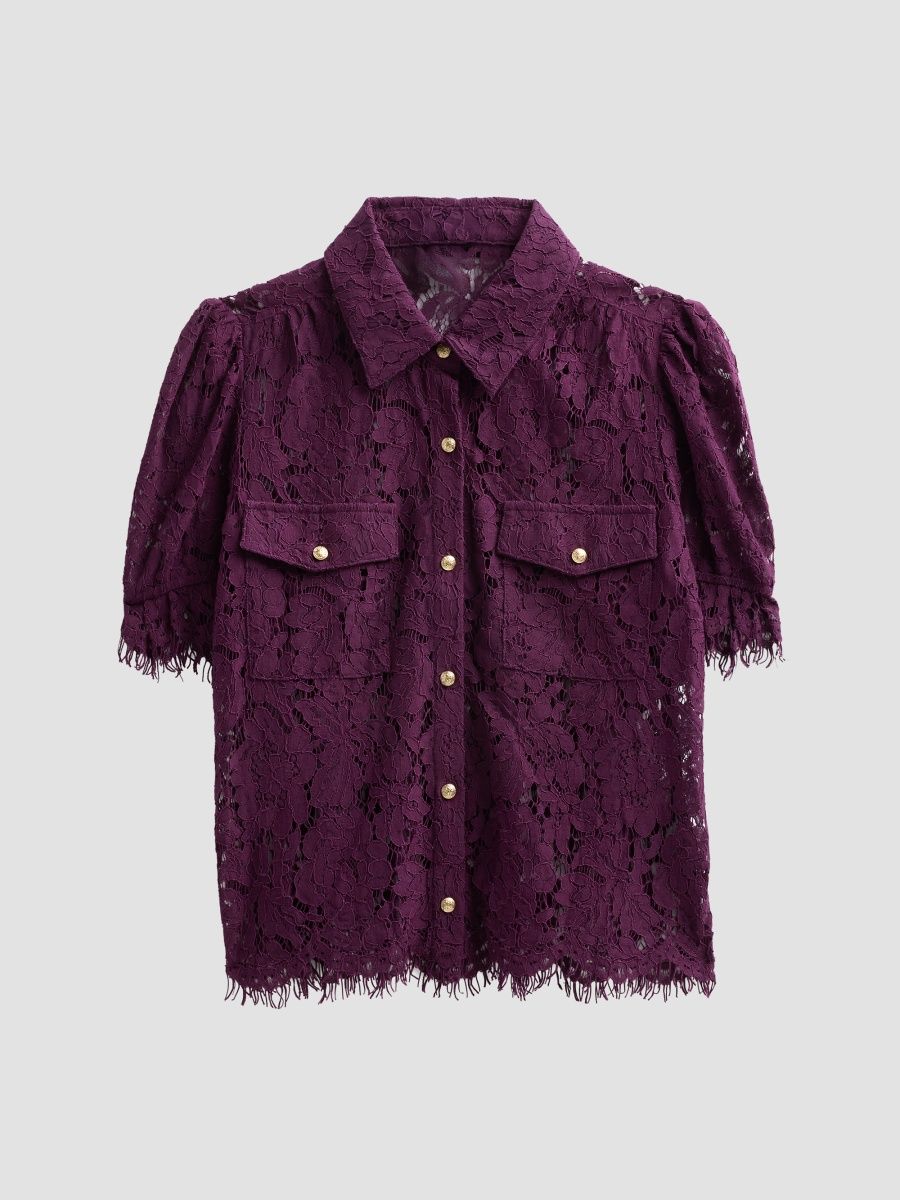 Generation Love Women's Lace Puff Sleeve Shirt - Plum - Size Large