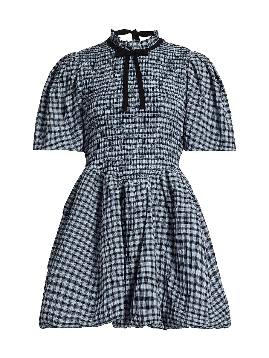 Women's Smocked Check Cotton-Blend Seersucker Minidress - Soft Chambray - Size 14
