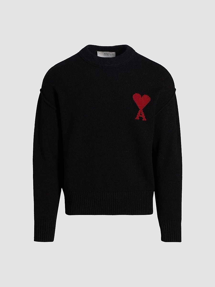 AMI Paris Men's ADC Logo Wool Crewneck Sweater - Black Red - Size XXL
