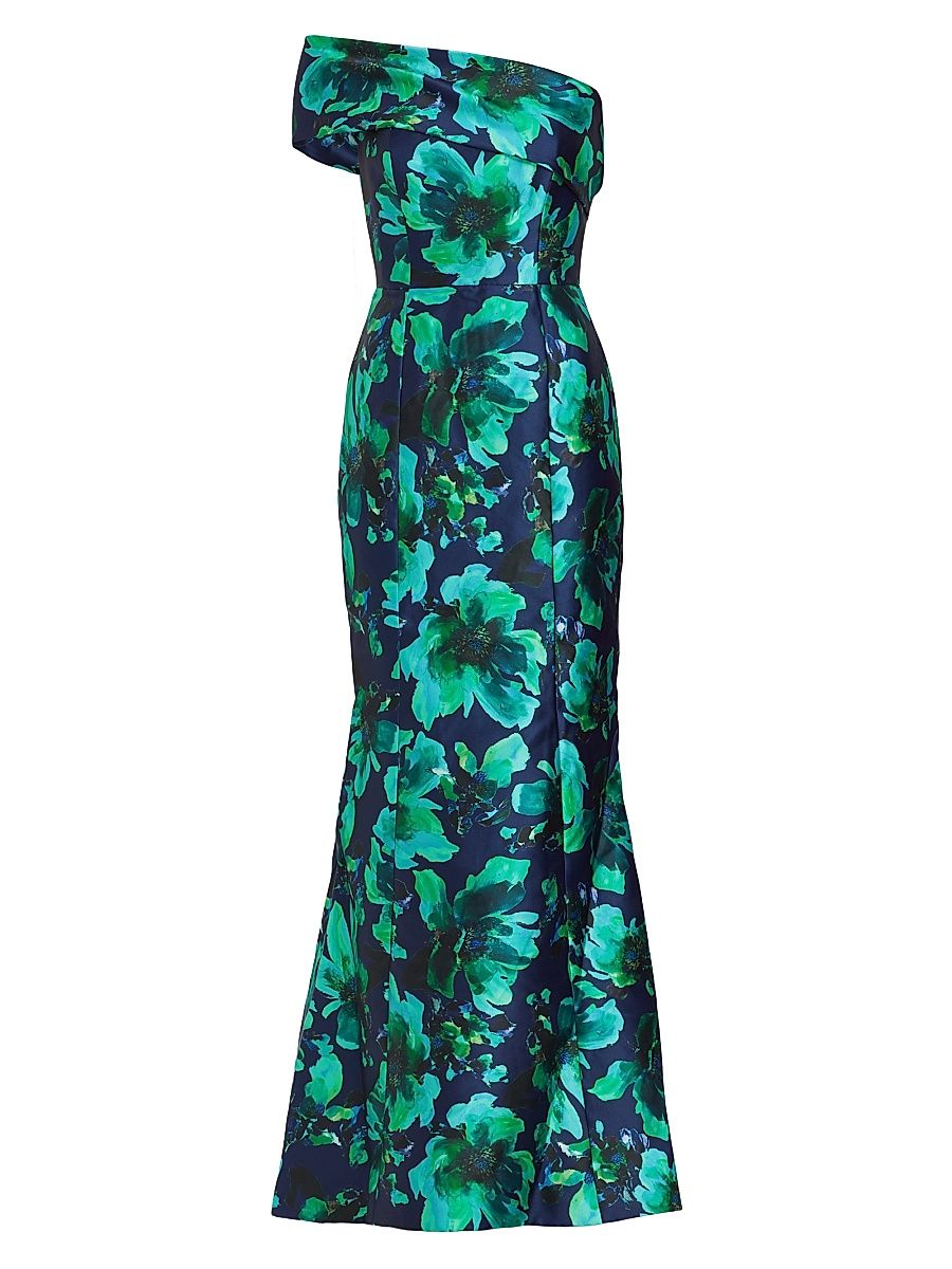Women's Floral Satin Trumpet Gown - Blue Multi - Size 10