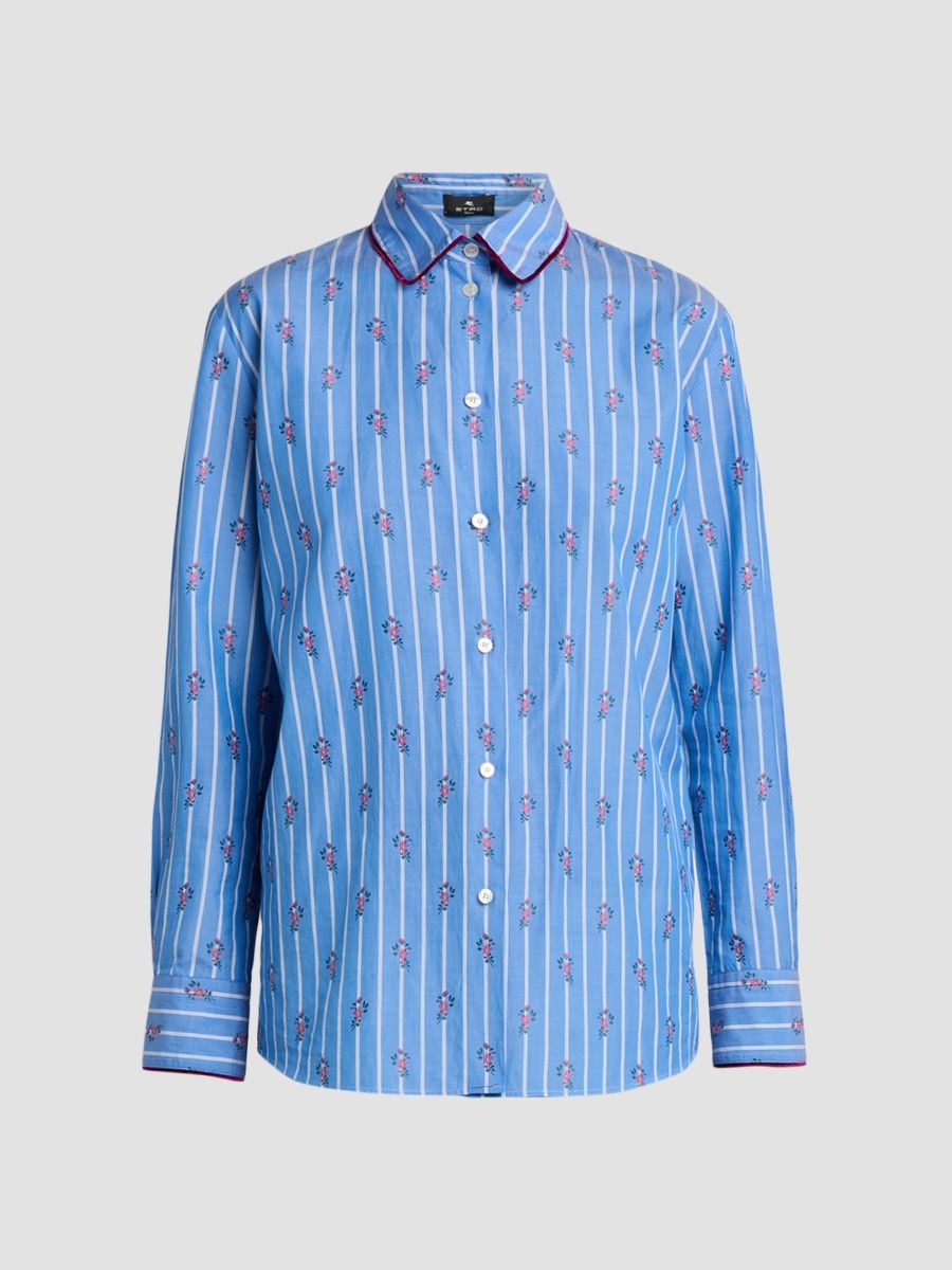 Etro Women's Floral Striped Cotton Button-Front Shirt - Multicolor Blue Base - Size 14