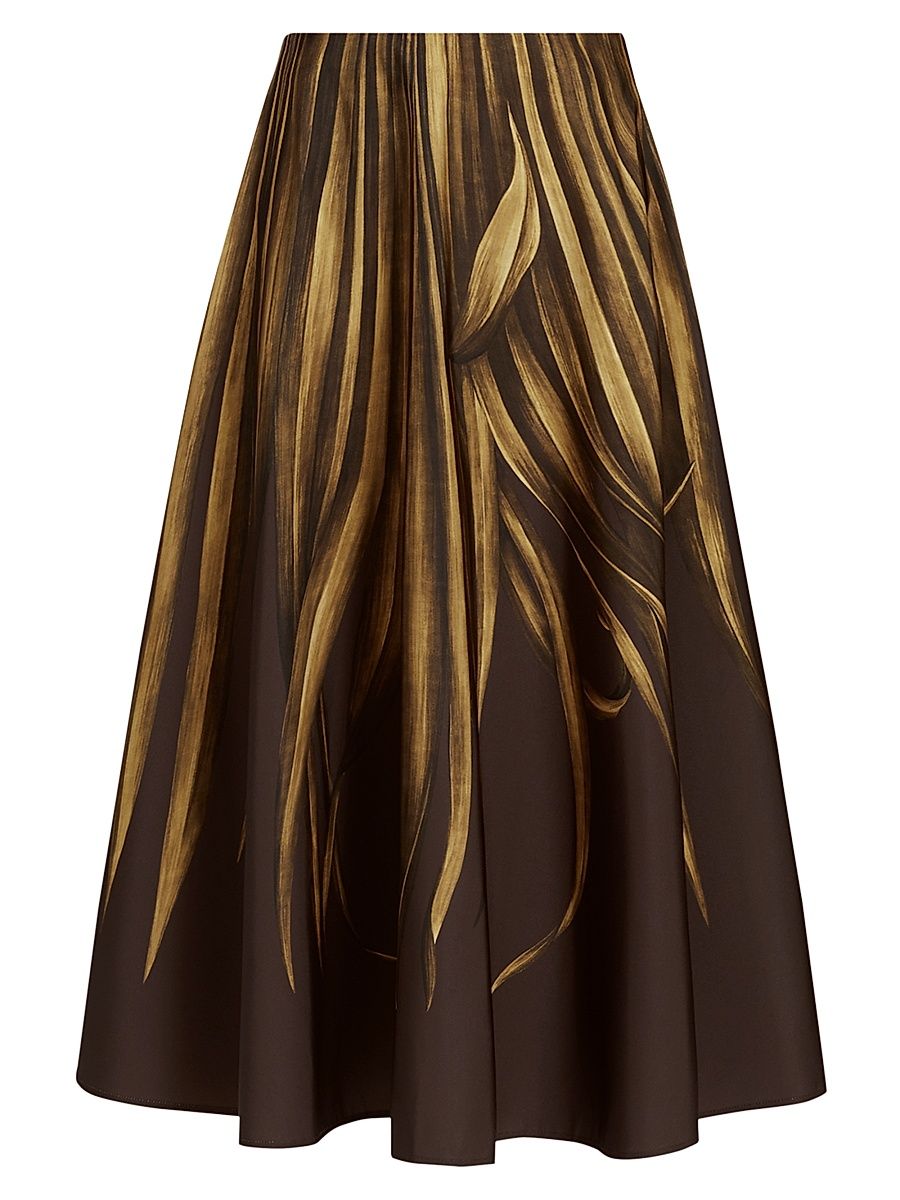 Women's Palm Print A-Line Midi-Skirt - Brown - Size 12