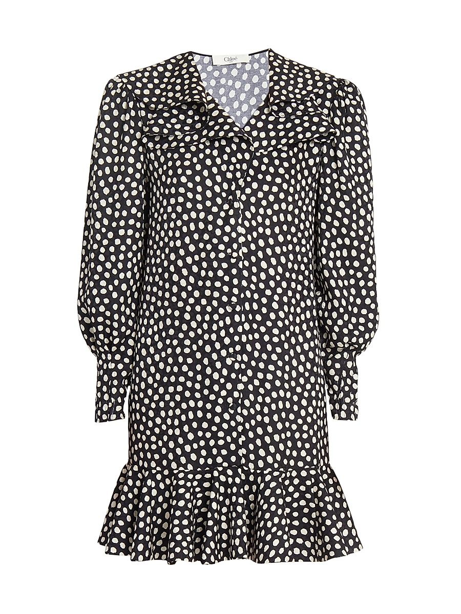 Women's Dot Print Silk Ruffle Minidress - Beige Black - Size 8