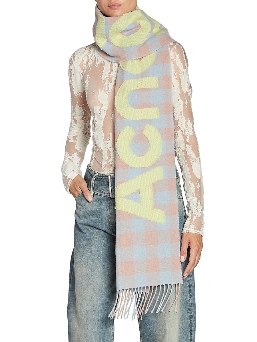 Women's Veda Check Wool Logo Scarf - Beige Green