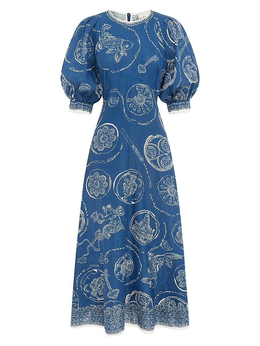 Women's Lucky Printed Linen Puff-Sleeve Midi-Dress - Blue - Size 12