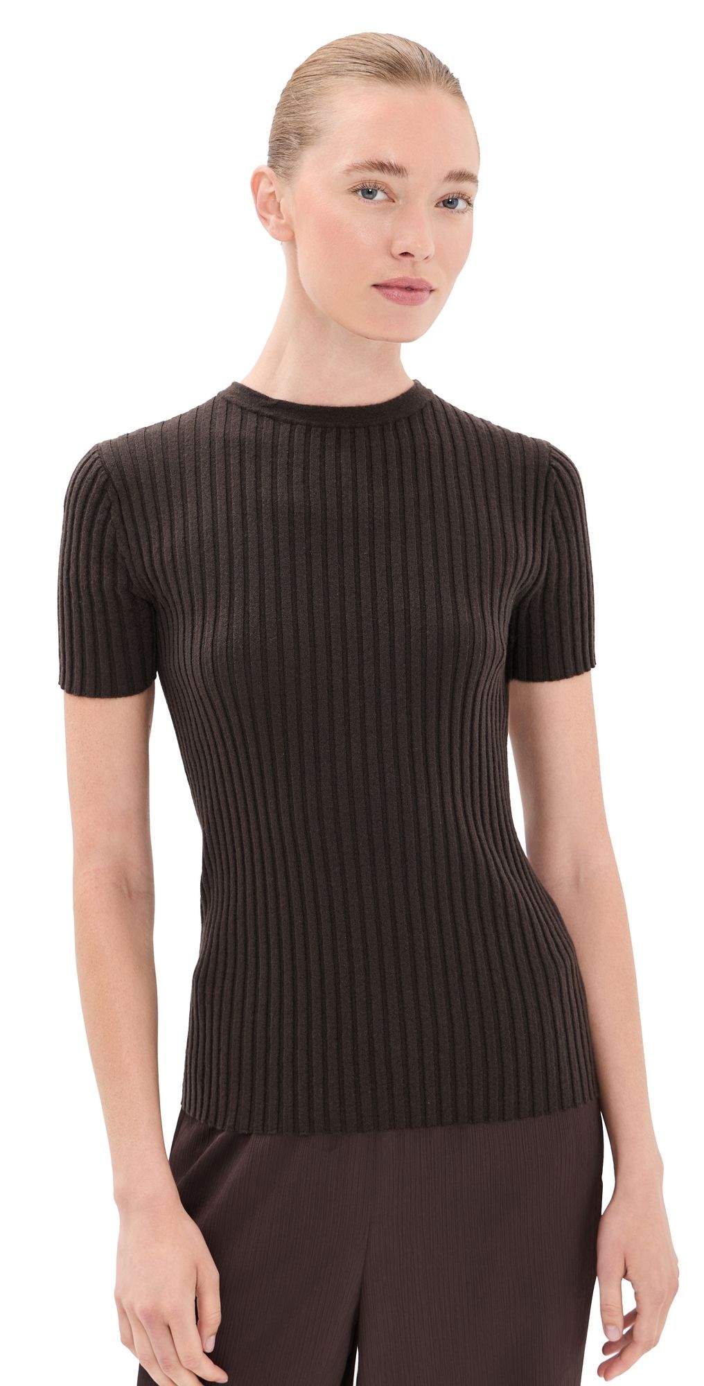 The Elder Statesman Superlight Cashmere Ellie Rib Knit Tee Espresso S