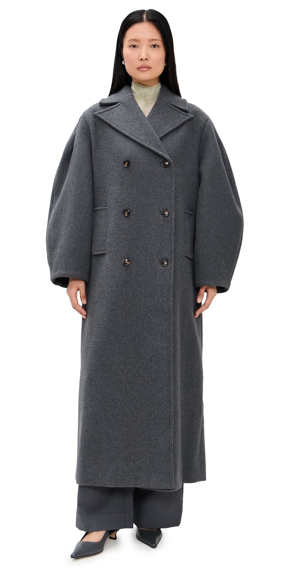 GANNI Peacoat Wool Trench Coat Pewter Melange 34
