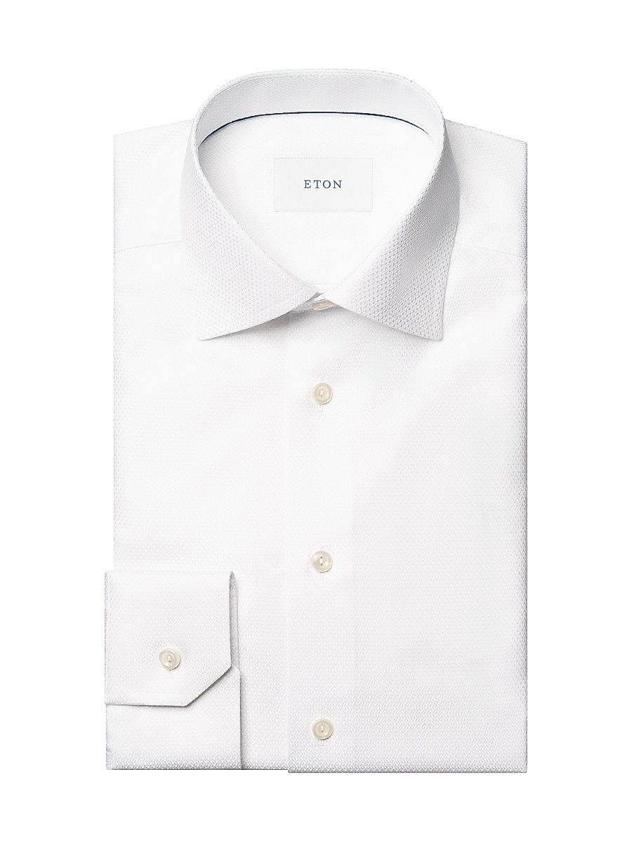 Men's Textured Slim-Fit Cotton Dobby Shirt - White - Size 17.5