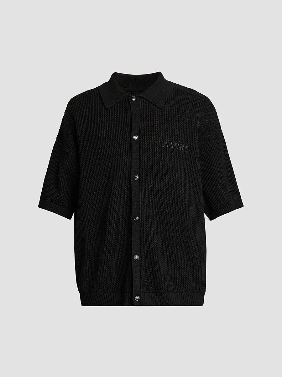 Men's Crochet-Knit Mesh Cotton Shirt - Black - Size XXXL