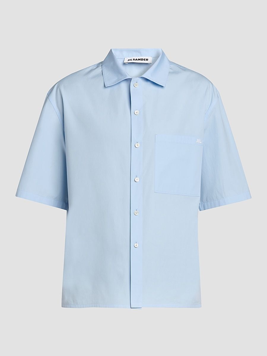 Men's Embroidered Logo Cotton Poplin Short-Sleeve Button-Front Shirt - Powder Blue - Size 46