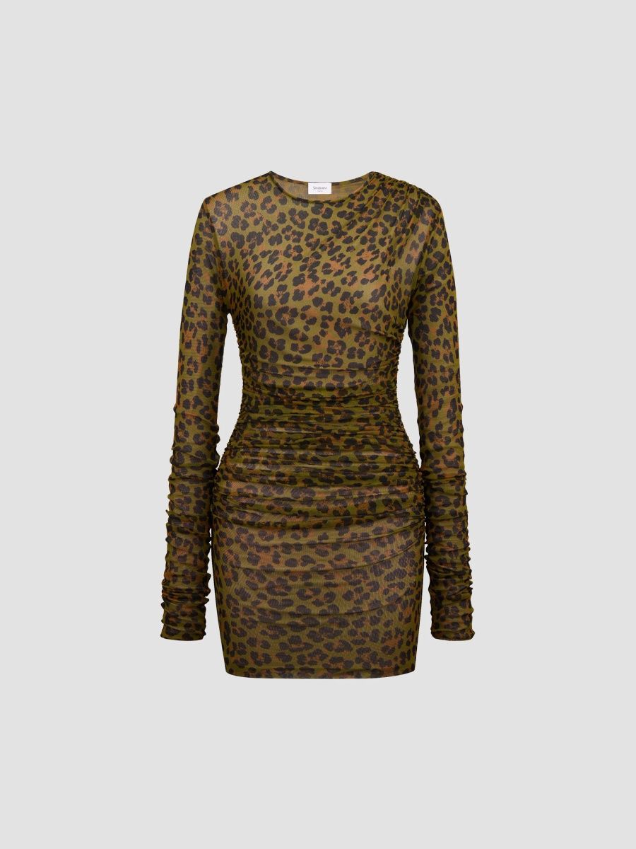 Saint Laurent Women's Draped Dress in Leopard-Print Stretch Jersey and Tulle - Leopard Print - Size Large