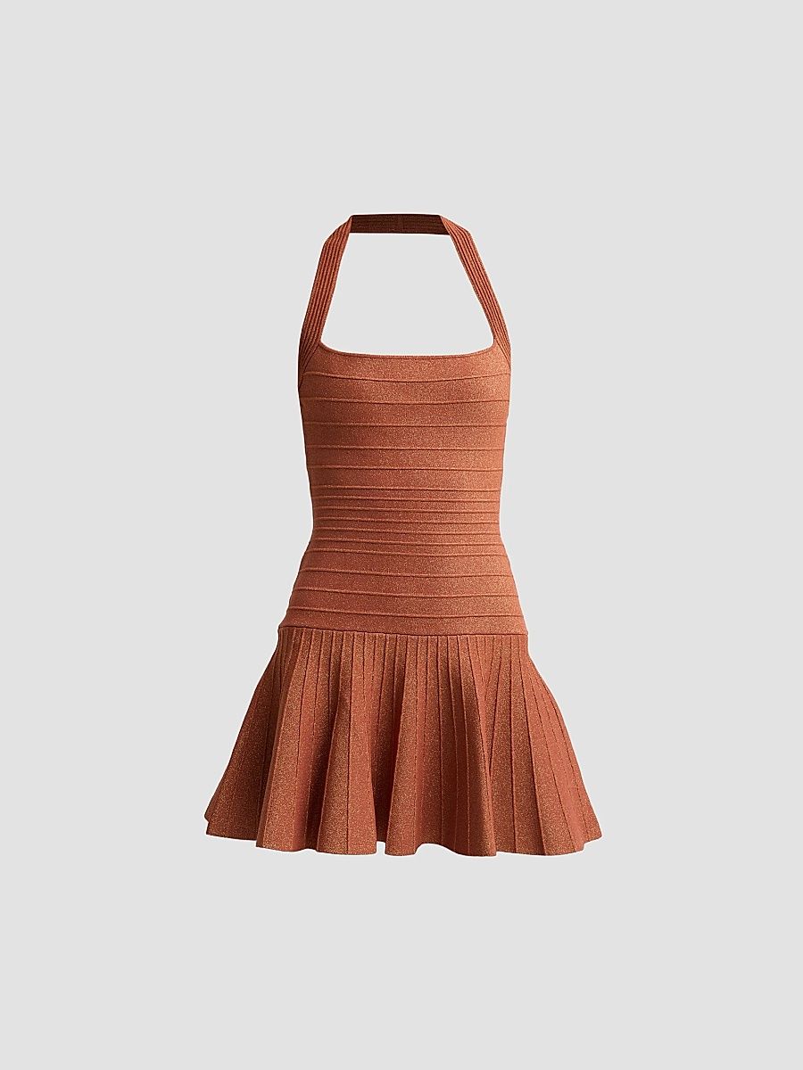 Women's Serenna Metallic Knit Halterneck Mini Dress - Metallic Rust - Size XL