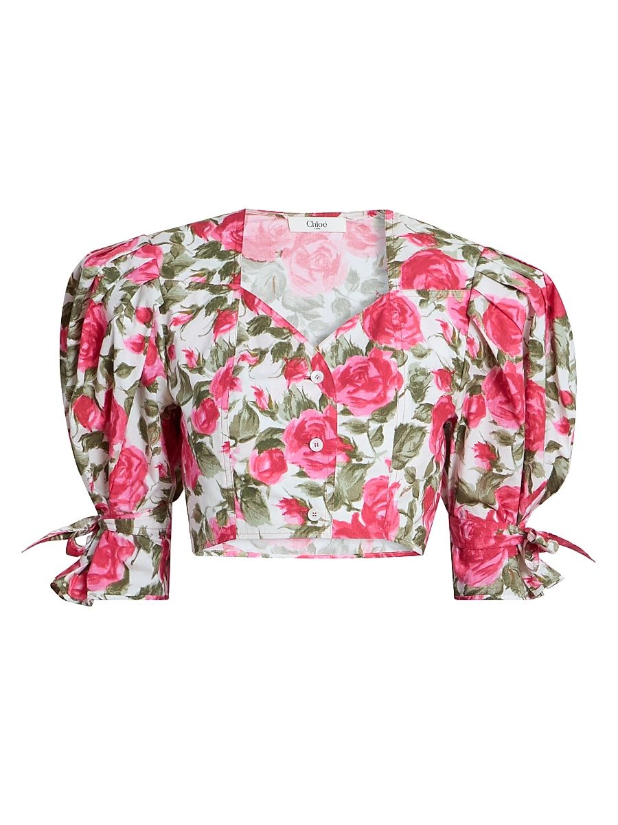 Women's Floral Cotton Crop Top - White Pink - Size 2