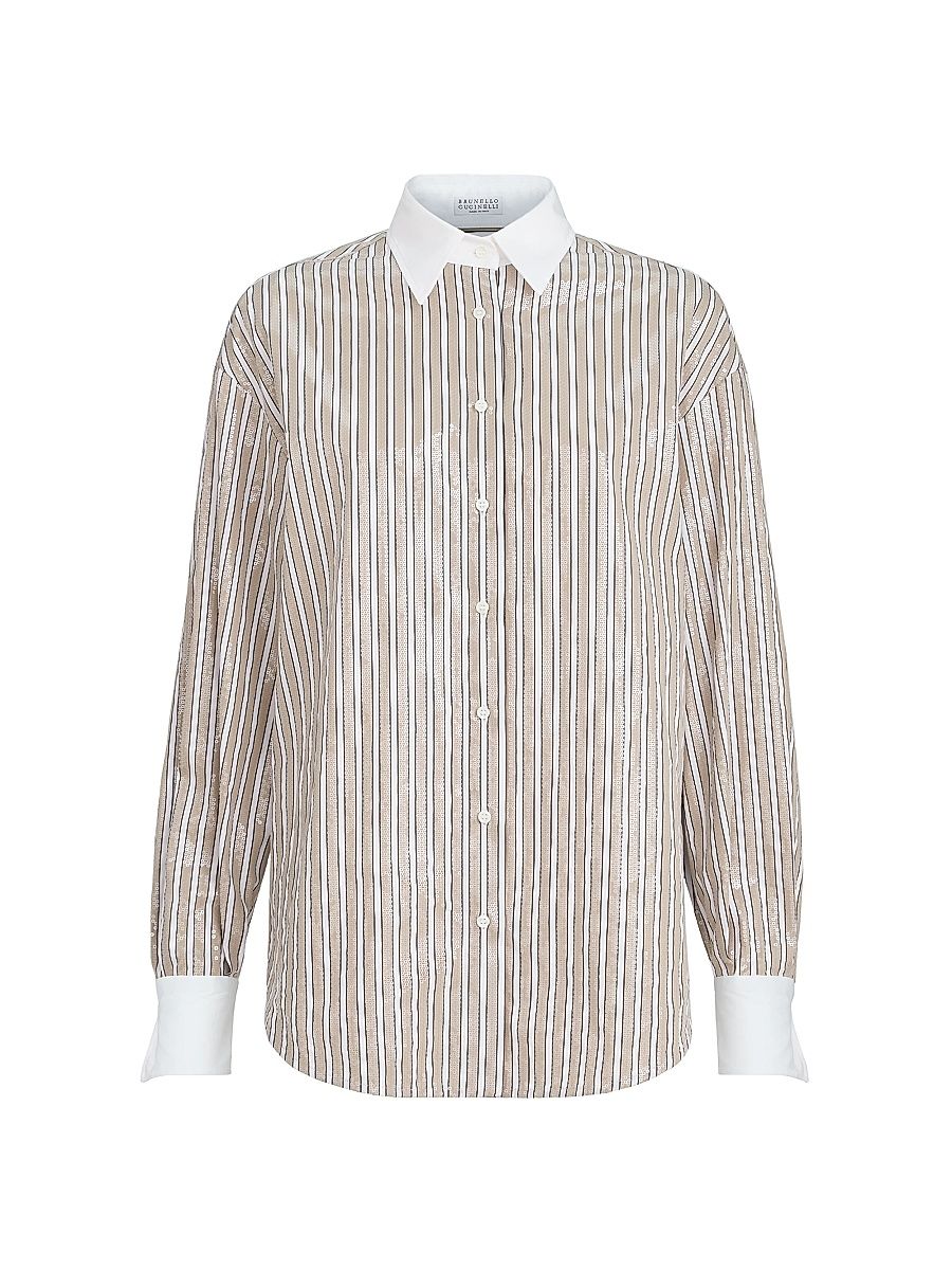 Women's Dazzling Stripes Shirt in Cotton Poplin - Beige - Size Medium