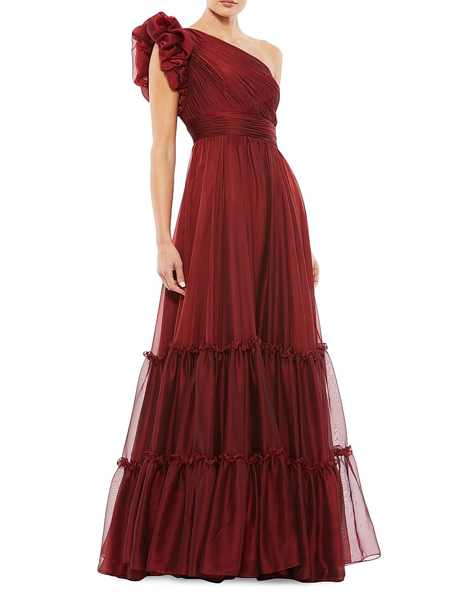 Women's One-Shoulder Tiered Chiffon Gown - Wine - Size 14