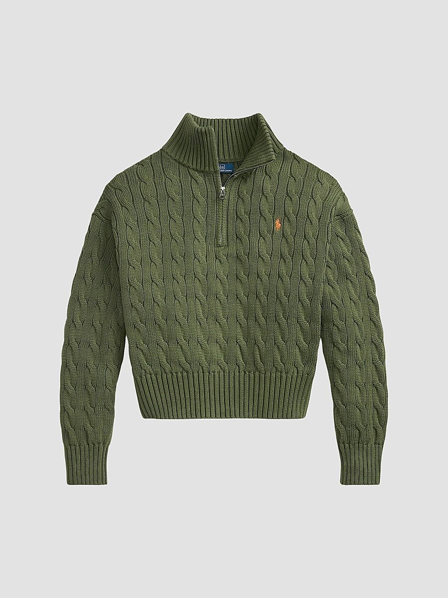 Polo Ralph Lauren Women's Cable-Knit Cotton Quarter-Zip Sweater - Dense Olive - Size XS