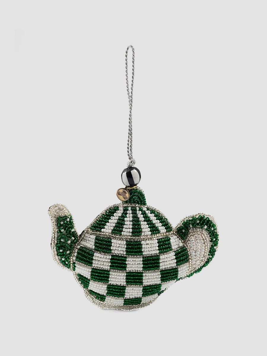 MacKenzie-Childs Emerald Check Beaded Teapot Ornament