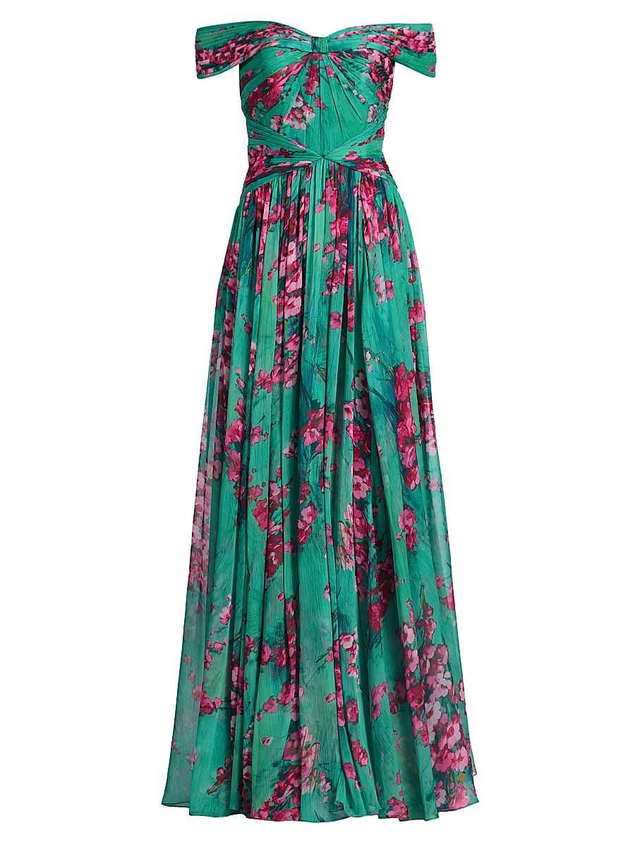 Women's Sabina Floral Chiffon Off-The-Shoulder Gown - Seafoam Sakura Mist - Size 16