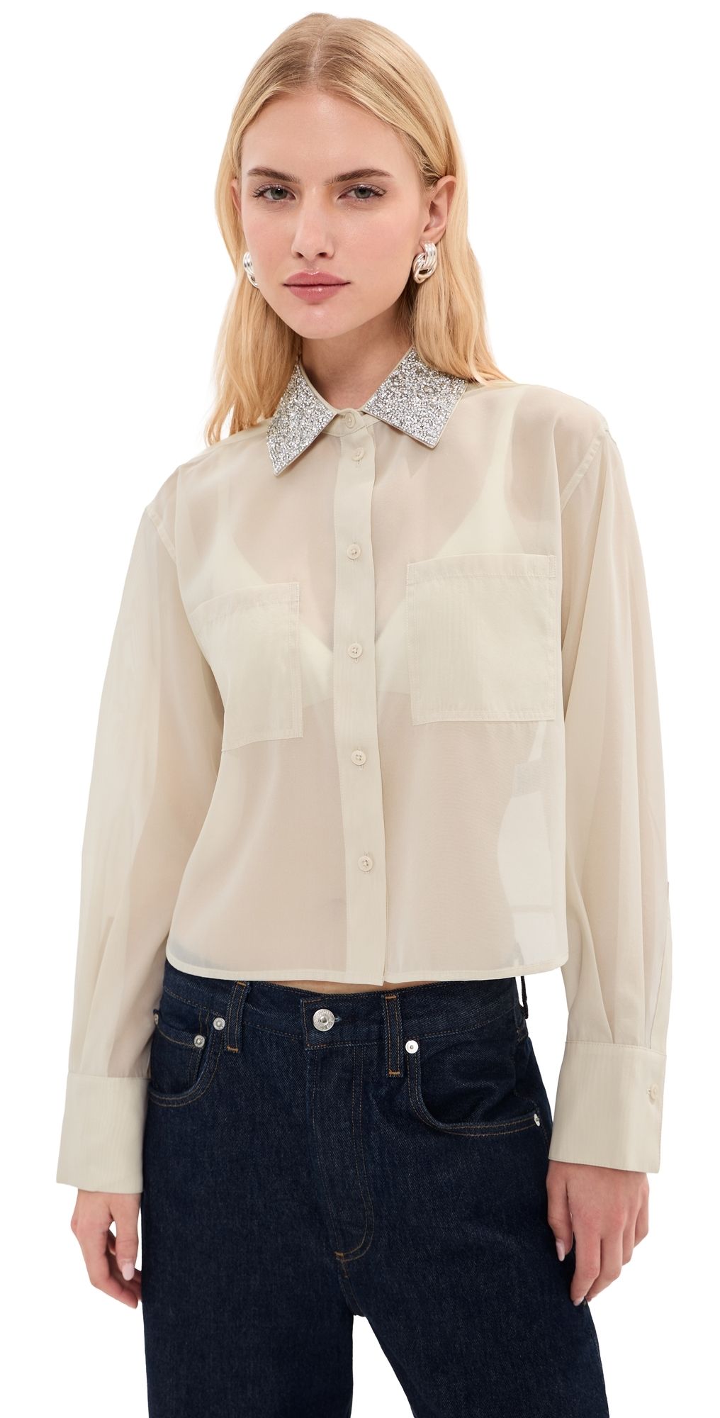 LE BOP Organza Cropped Buttondown with Embellished Collar Iron Grey L