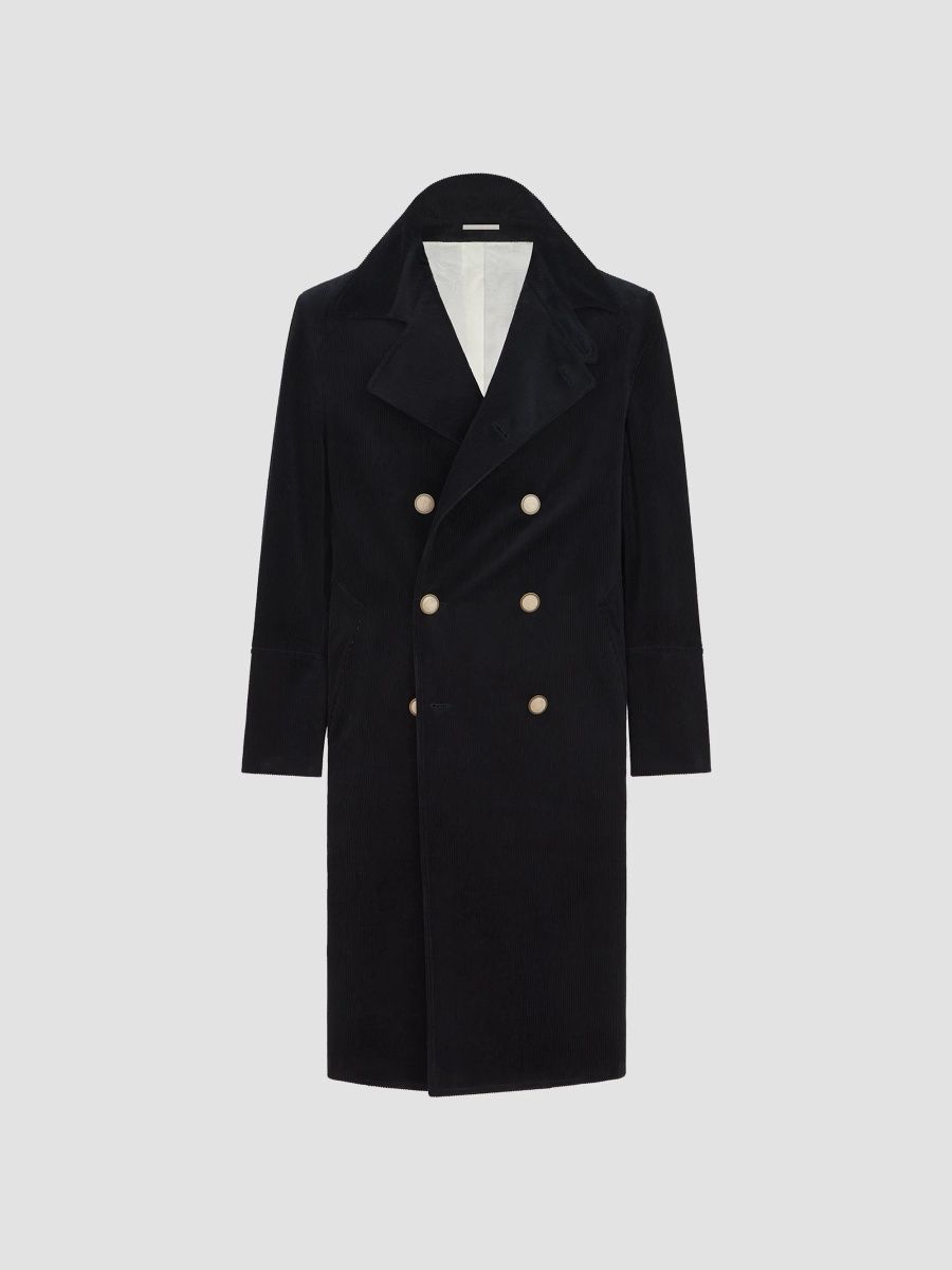Brunello Cucinelli Men's Comfort Cotton and Cashmere Corduroy One and A Half Breasted Coat - Navy Blue - Size 46