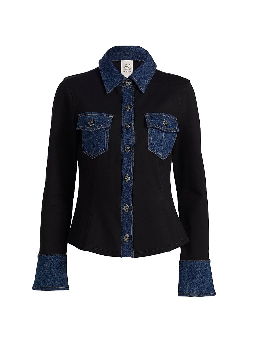 Women's Aliza Denim-Trimmed Button-Front Top - Black Fontaine - Size XL