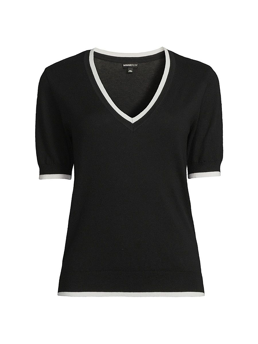 Women's V-Neck Cotton-Cashmere Sweater - Black White - Size XS