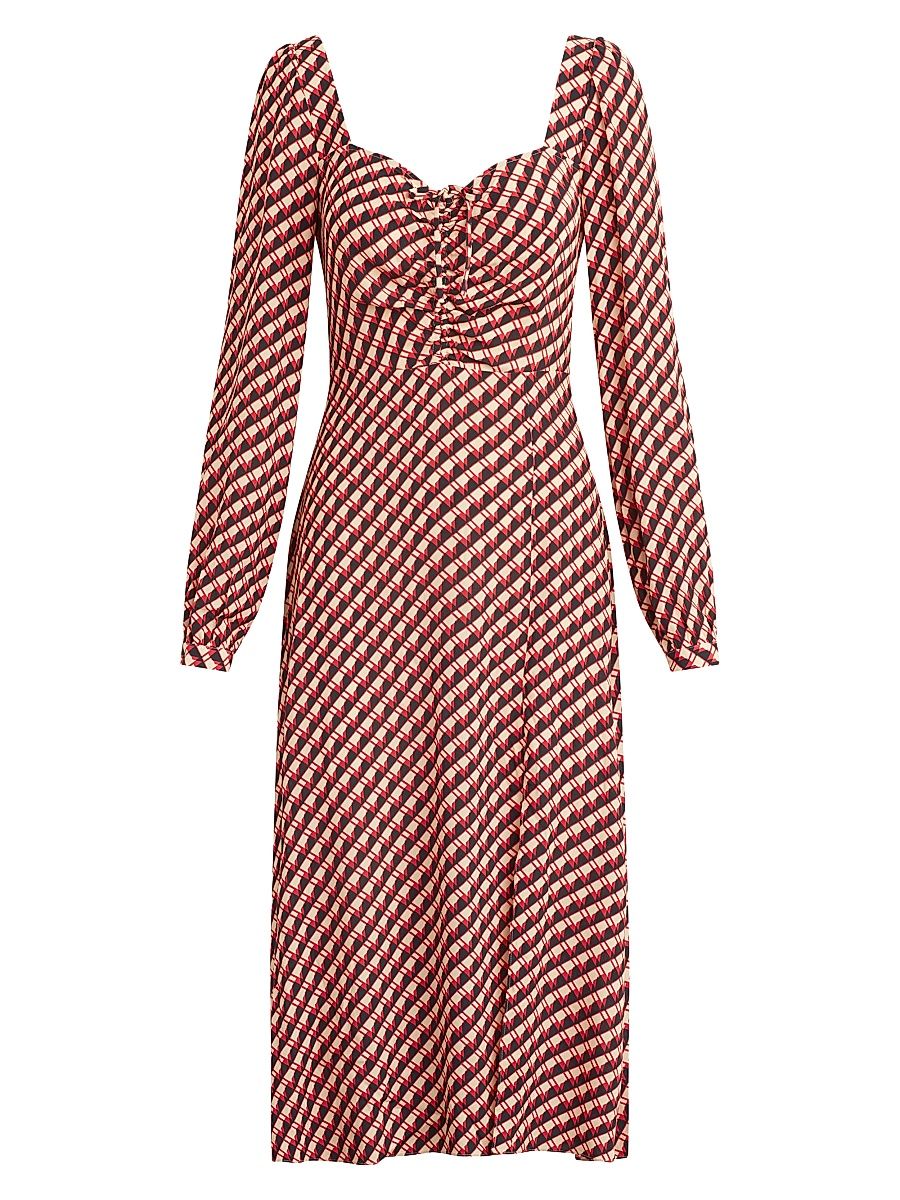 Women's Vineyard Geometric Print Long-Sleeve Midi-Dress - Retro Rouge Hounds - Size 2