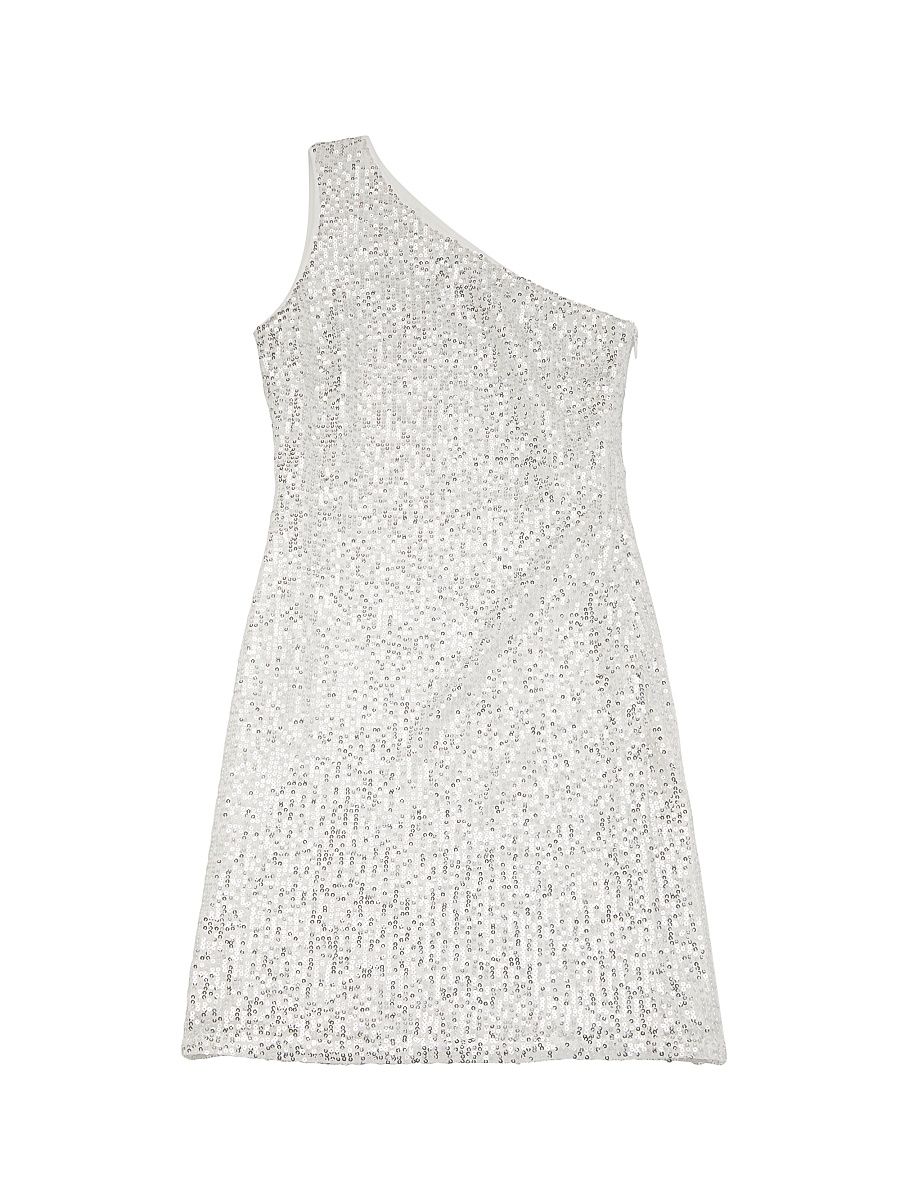 Girl's Sequined One-Shoulder Dress - White Silver - Size 14