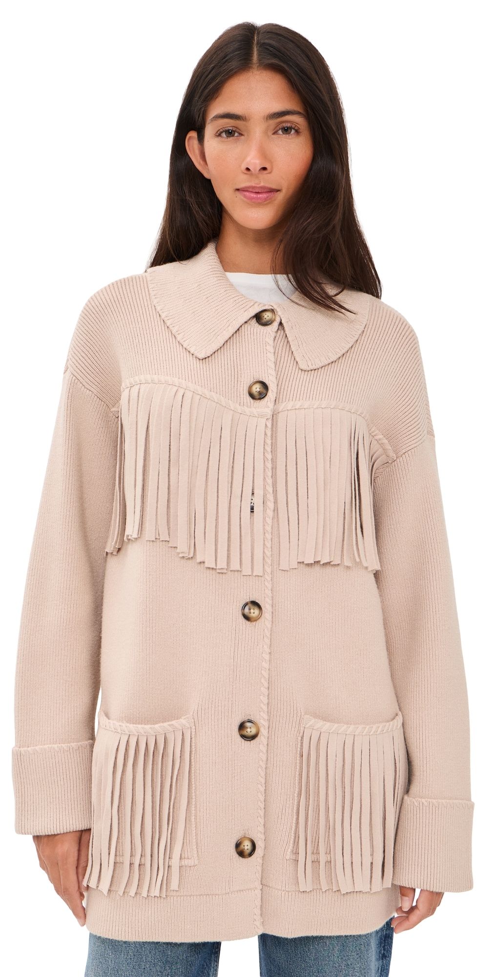 Show Me Your Mumu Santa Barbara Knit Jacket Tan Knit With Fringe M