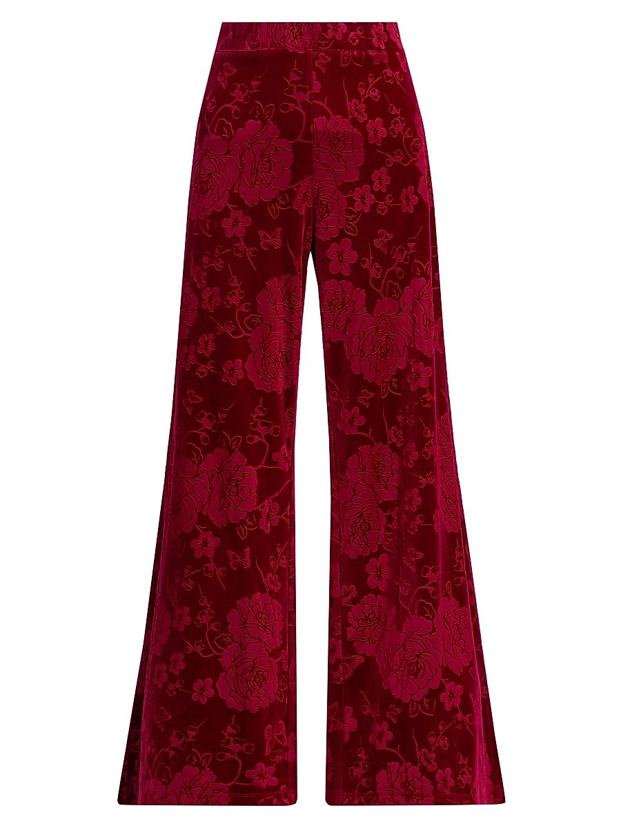 Women's Embossed Stretch Velvet Wide-Leg Pants - Embossed Velvet Red - Size Large