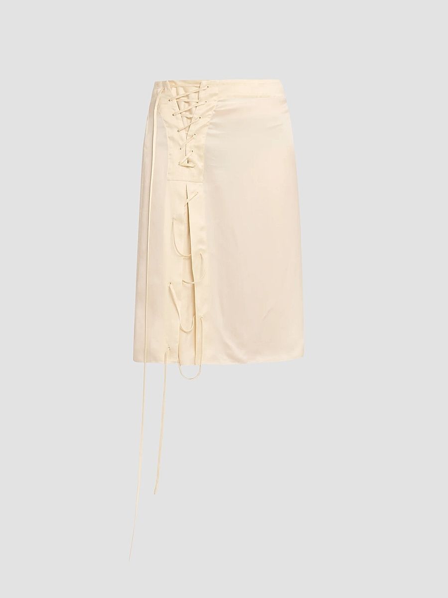 Women's Lace-Up Satin Knee-Length Skirt - Parchment - Size 4