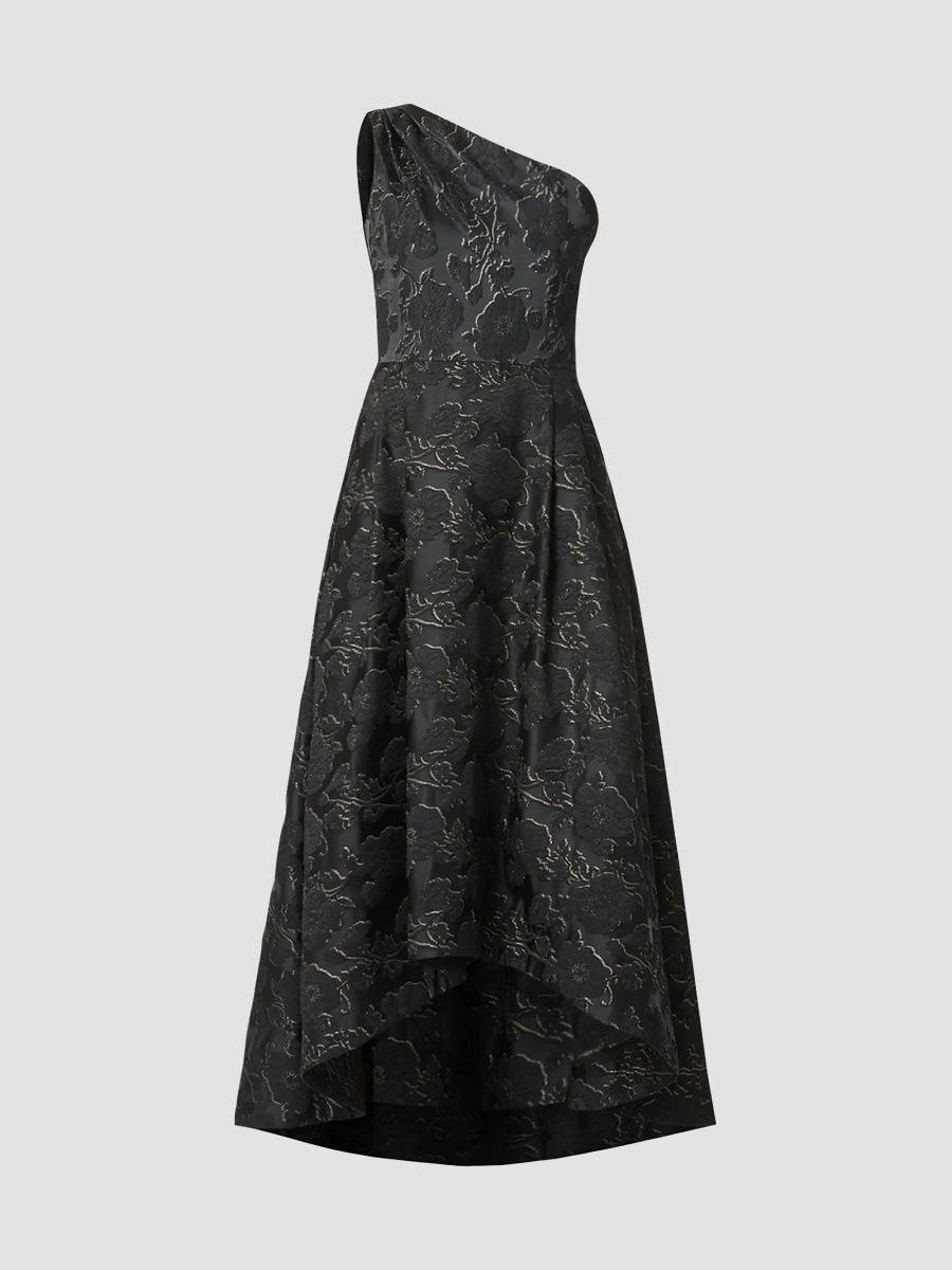 Shoshanna Women's Georgie Metallic Jacquard One-Shoulder Tea-Length Gown - Jet Gold - Size 4
