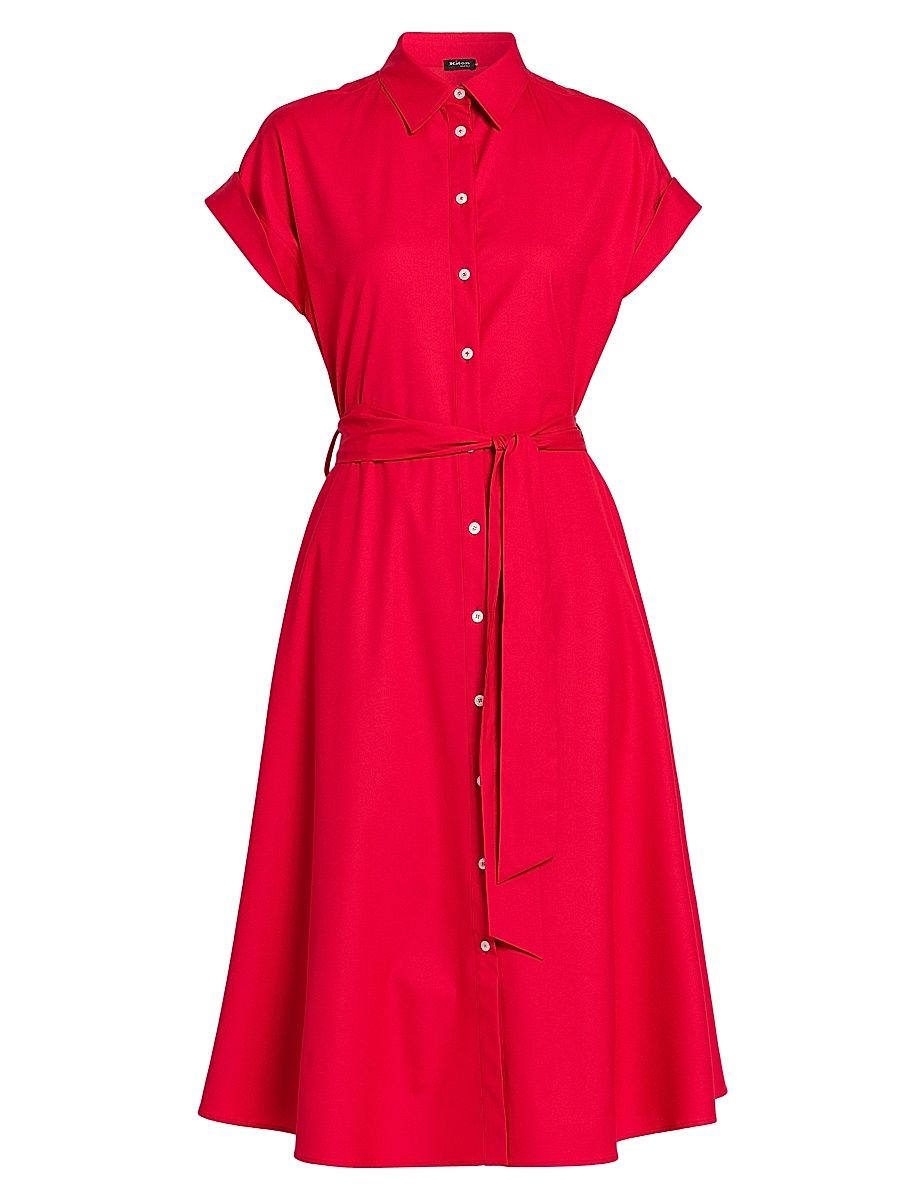 Women's Stretch-Silk Short-Sleeve Midi-Shirtdress - Red - Size 12
